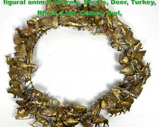 Lot 1922 Dresden Brass Wreath with small figural animal charms. Swans, Deer, Turkey, Rhino, Lion, Camel, Owl,
