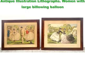 Lot 1880 2pc JOHN LEECH Women in Sports Antique Illustration Lithographs. Women with large billowing balloon 