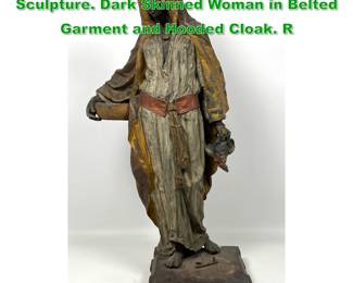 Lot 1617 Polychrome Painted Metal Figural Sculpture. Dark Skinned Woman in Belted Garment and Hooded Cloak. R