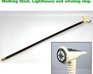 Lot 1713 Vintage Scrimshaw Engraved Cane Walking Stick. Lighthouse and whaling ship. 
