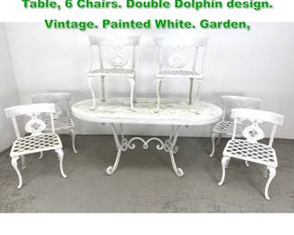 Lot 1543 7pc Aluminum Outdoor Dining Table, 6 Chairs. Double Dolphin design. Vintage. Painted White. Garden, 