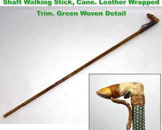 Lot 1710 Real Animal Hoof Dagger Wood Shaft Walking Stick, Cane. Leather Wrapped Trim. Green Woven Detail