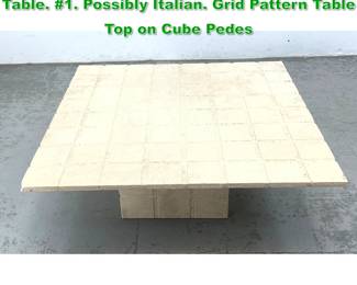 Lot 1490 Travertine Marble Modernist Coffee Table. 1. Possibly Italian. Grid Pattern Table Top on Cube Pedes