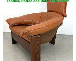 Lot 1452 Vintage Tripod Lounge Chair in Leather, Rattan and Oak, Netherlands