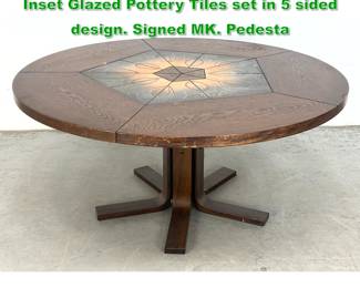 Lot 1433 Round Dark Oak Coffee Table. 10 Inset Glazed Pottery Tiles set in 5 sided design. Signed MK. Pedesta