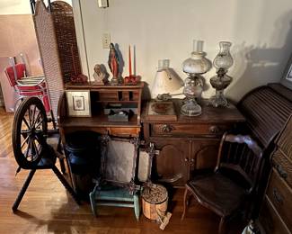 Antique Rolltop Desks, Antique Cabinet, Antique Oil Lamps, Antique Spindle Loom