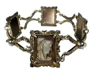 Silver Carved Mother of Pearl and Marcasite Cameo Bracelet