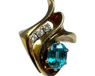 14kt Yellow Gold Blue Zircon and Diamond Ring