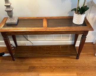 MCM Two-Tier Wood, Cane and Glass Entry Table