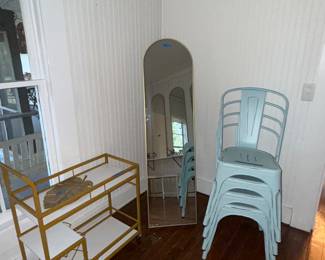 BAR CART
TEAL METAL CHAIRS
