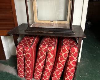 Antique folding sewing table, countertop display cabinet 
