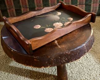 Small foot table and vintage wooden tray