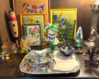 Collectors items, including 1970’s needlepoint art