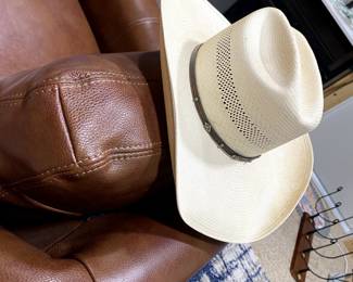 BROWN LEATHER CLUB CHAIR ( ONE OF 2) ANS STETSON COWBOY HAT SIZE 6 7/8