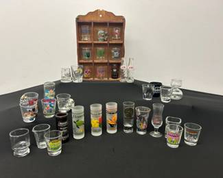 33 Shot Glasses, 2 Small Pepsi Bottles Wooden Display Case