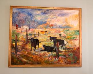 Beautiful gold-framed painting of cows in pasture