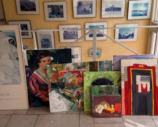 Various framed artwork, paintings, and prints thoughtfully collected over many years and travels