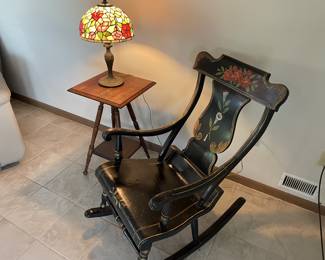 spindle table, tiffany-style lamp and painted wooden rocker