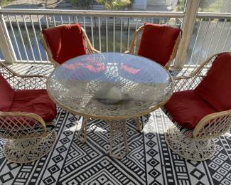 russell woodward spun glass dining set with four swivel chairs and "live edge" on table and chairsf