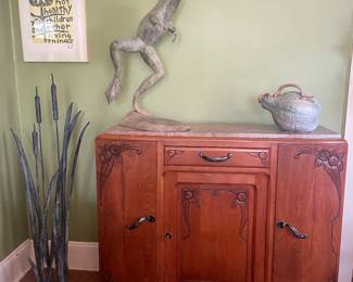 Frog & Cattail NOT for Sale: Signed in French on the back of this gorgeous Art Deco Sideboard with Pink Marble Top