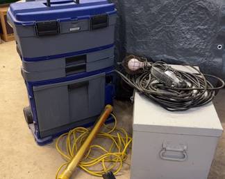 BenchTop Tool Storage & Sturdy Metal Case With Vintage Metal Cage Shop Lights
