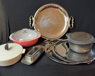 Vintage Kitchenware * 3~MCM Kromex Platters; Unique Pyrex & Corningware; Stainless Steel ButterDish