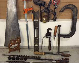 Vintage Tools * Saw, Clamps, Auger Bits; Rare Brass? Blowtorch
