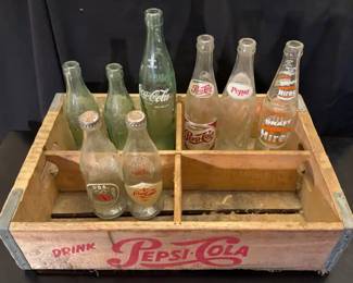 Vintage Soda-Pop Glass Bottles In PEPSI-COLA Crate! * COCA-COLA