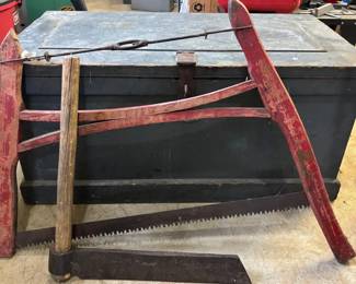 Antique Tool Trunk and Organization Unit , Rustic Axe & Hand Saw