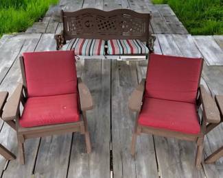 Gorgeous Metal & Wood Bench Seat, Wood Chairs & Side Tables