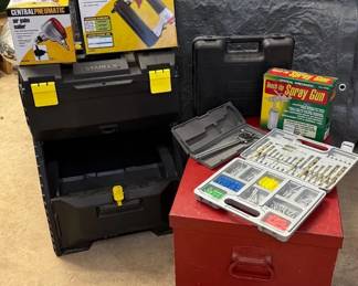 Sturdy Metal Tool Storage On Casters * Pneumatic Nailer~Staplers, Spray Gun * Stanley Toolbox