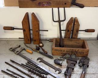 Wood Vices, Cast Iron Trident! & Other Vintage Tools * Auger Bits; Wrenches & More