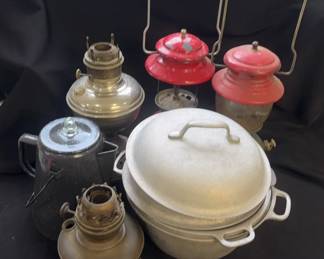 Antique Coleman and Other Lanterns , 3 Silverseal Metal Pots & Lids , Metal Coffee Percolator