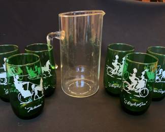 6 Vintage Emerald Green Anchor Hocking 1950s Tom Collins Glasses * Pyrex Pitcher