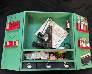 Vintage Gilbert Microscope with Original Wood Case and Accessories