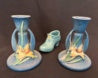 Vintage Roseville Blue/ Cream Lily Candlesticks 5” , Rosemade N.Dakota Ceramic Shoe