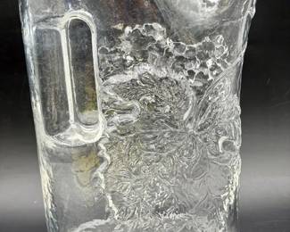Vintage Mold-Blown Art Glass Pitcher with Grapes & Floral Relief – Clear Textured Glass
