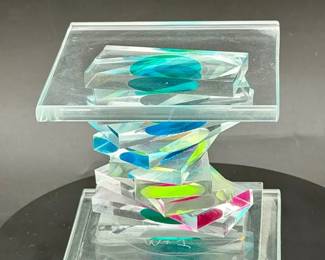 Signed Mark & Julie Glock Abstract Dichroic Stacked Art Glass Sculpture
