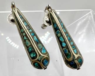 Vintage Drop Dangle Earrings — Turquoise & Brass
