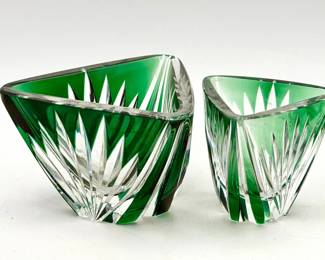 (2) Signed Bohemian Cut-to-Clear Emerald Green Art Glass Bowls

