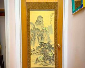 Vintage Asian Hanging Scroll – Landscape Waterfall Scene
