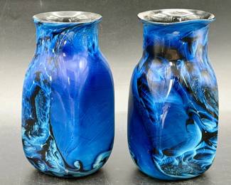 (2) Signed Josh Simpson Hand-Blown Art Glass Vases
