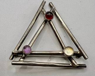 Sterling Silver Artsy Geometric Brooch with Gemstones
