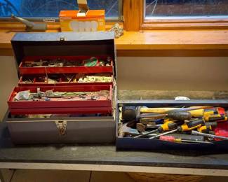 (2) Metal Toolboxes w/ Hand Tools & Hardware – Sears Craftsman & Metal Tote

