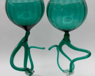 (2) Signed “Jellyfish” Art Glass Goblets
