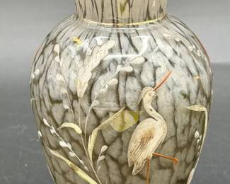 Hand-Painted Glass Lamp Shade with Heron & Reeds

