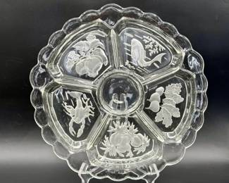 Vintage Etched Glass Relish Tray with Seafood & Produce Motifs – 6-Section Serving Platter
