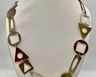 Modern Geometric Multi-Tone Metal Necklace & Earrings — Jewelry Set Signed by Artist
