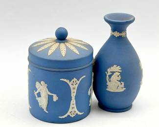 (2) Wedgwood Blue Jasperware Pieces – Dancing Hours Jar & Bud Vase
