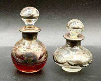 (2) Antique Perfume Bottles With Silver Overlays
